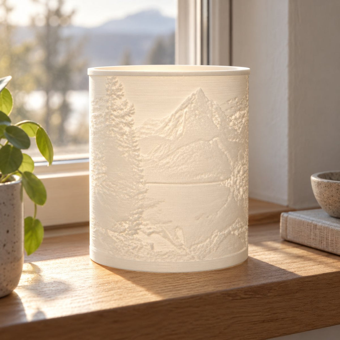 3D-printet litofan med fjell og vann: lampe – illustrasjon
