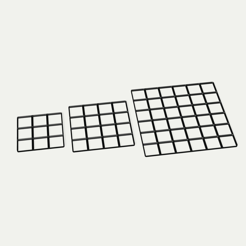 Gridfinity-bunnplate – størrelser side om side