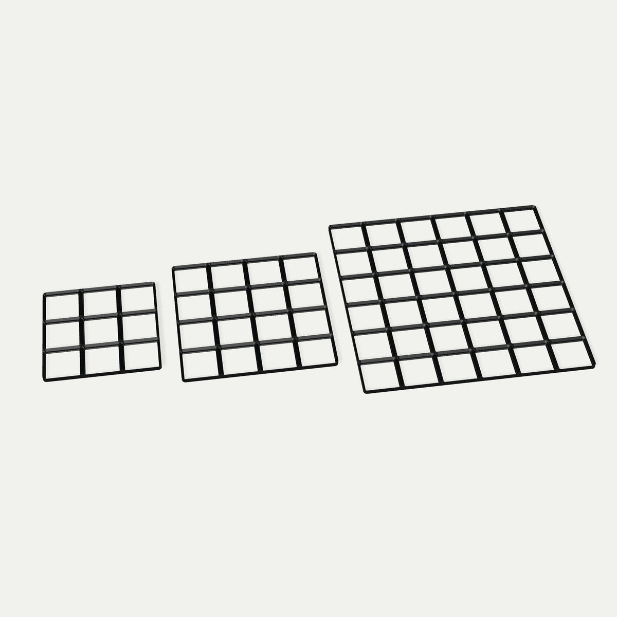 Gridfinity-bunnplate – størrelser side om side