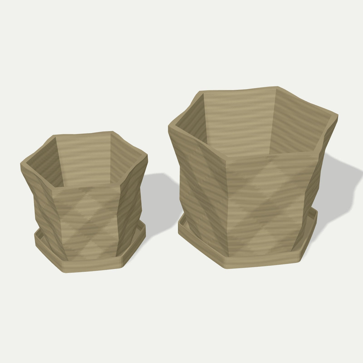 Origami-potte – sekskantet med fasetter – størrelser side om side