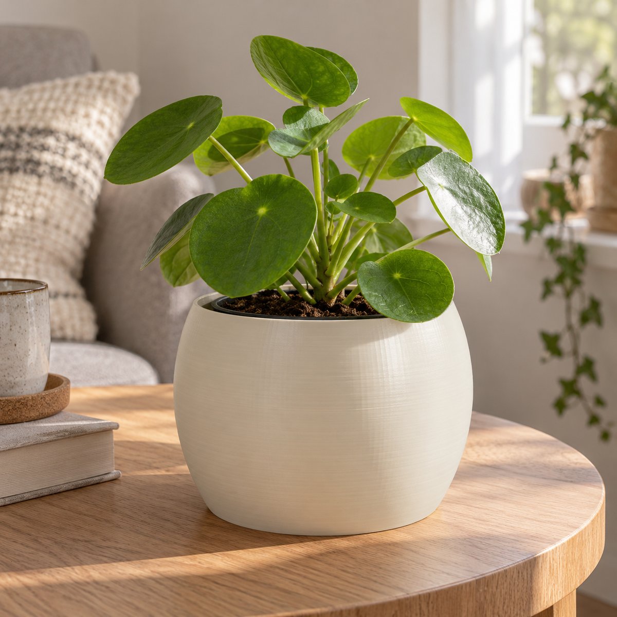 Rund potteskjuler med plante i innerpotte på et sidebord – illustrasjon