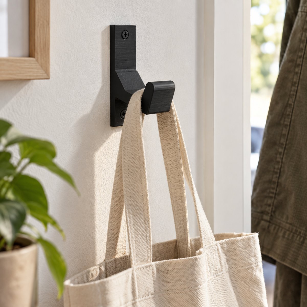 Tilpasset veggkrok med tøynett og synlige festeskruer – illustrasjon