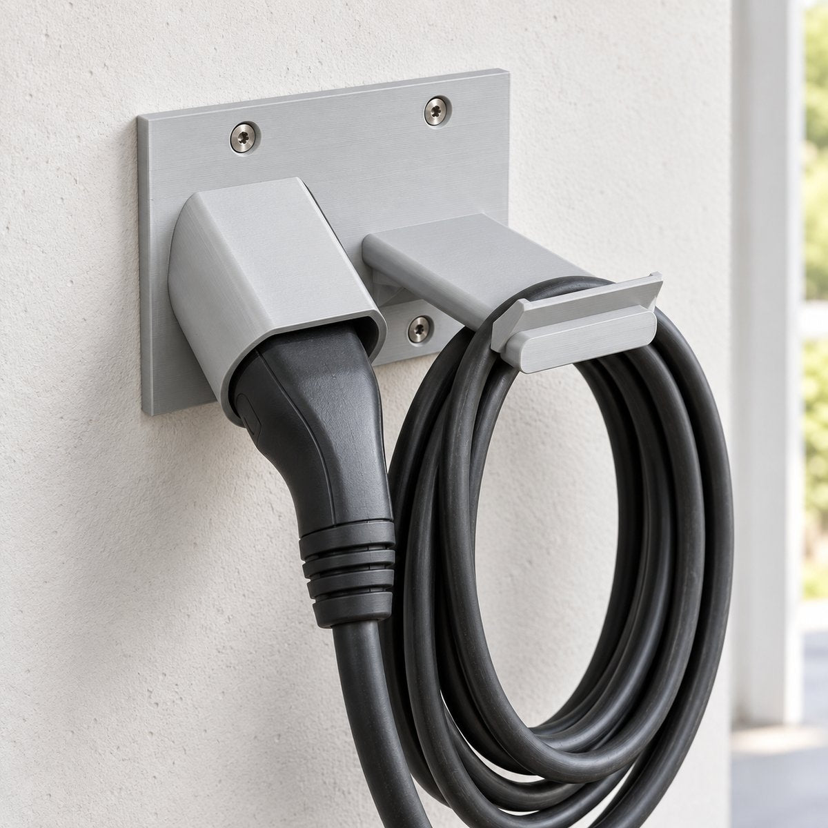 Type 2-holder med ladekontakt og kabel samlet på opphenget – illustrasjon
