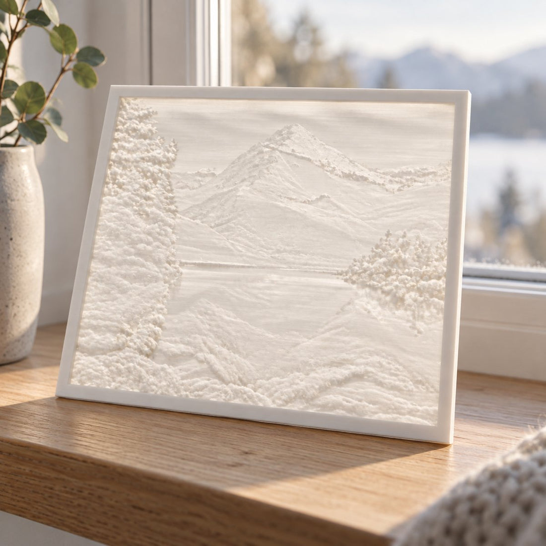 3D-printet litofan med fjell og vann: flatt bilde – illustrasjon