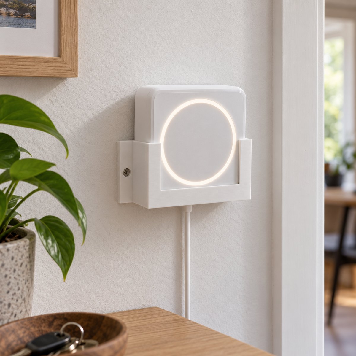 Veggholder med smarthushub og tilkoblet strømledning – illustrasjon