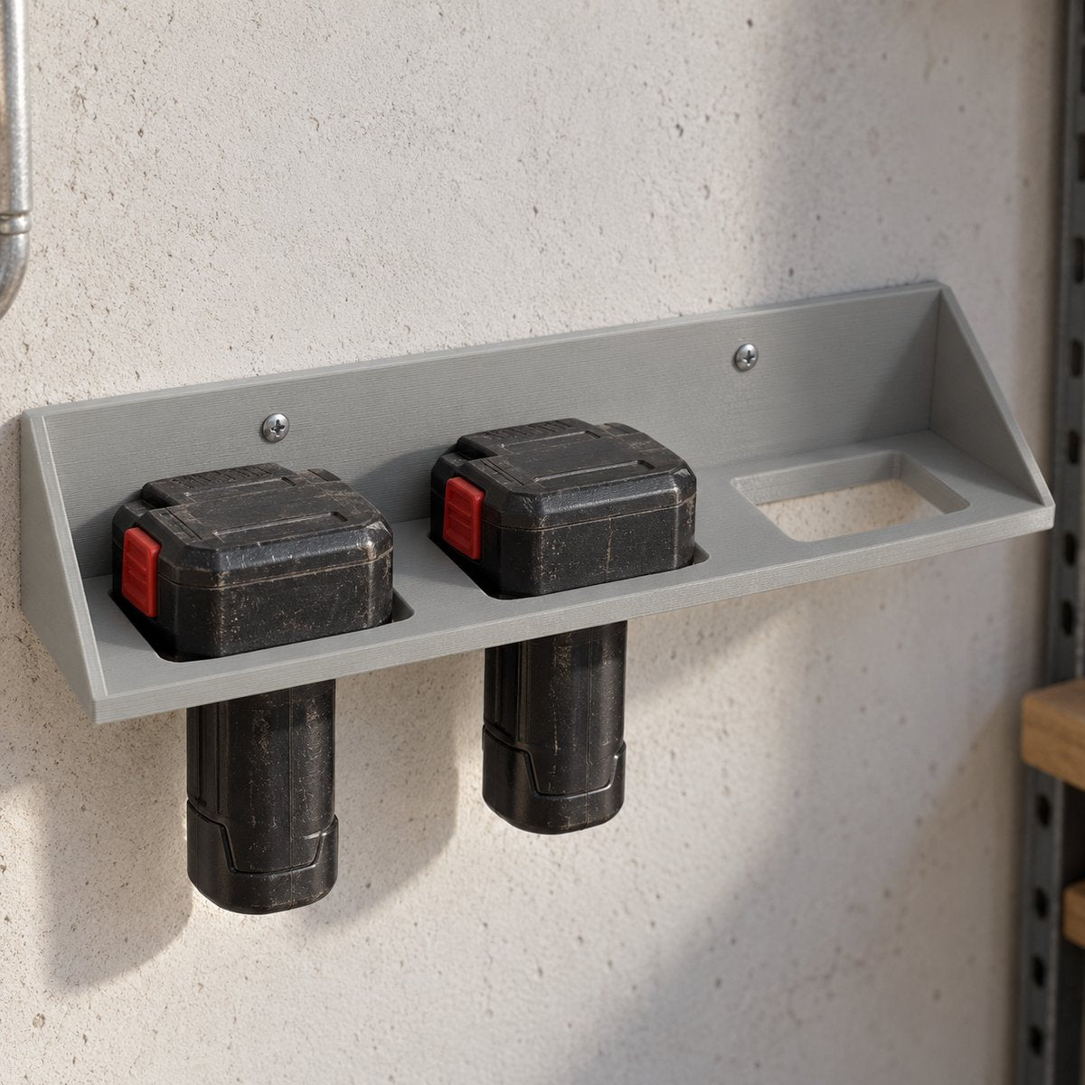 Veggmontert holder med 12 V-stavbatterier i lommene – illustrasjon