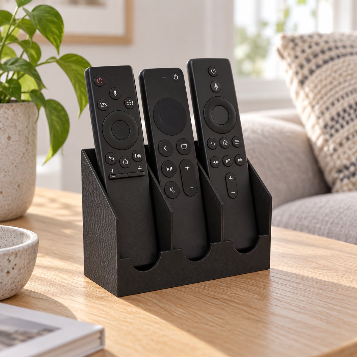 Fjernkontrollholder med tre fjernkontroller på stuebordet – illustrasjon av 3D-printet produkt i bruk
