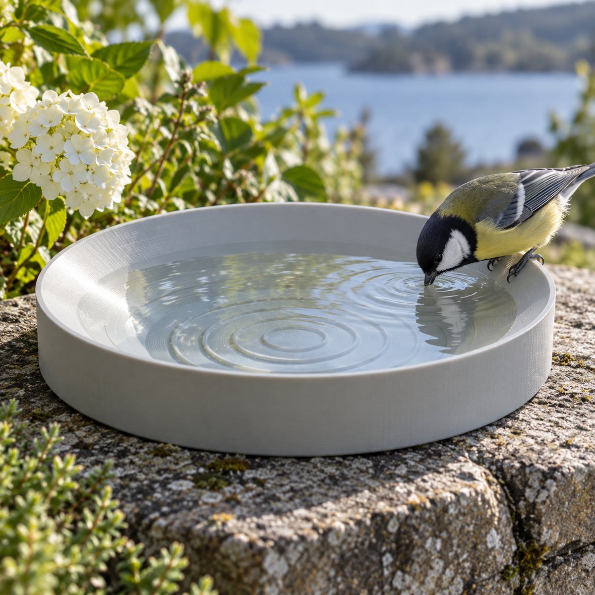 Fuglebad med vann og en småfugl på kanten, plassert på en stein – illustrasjon av 3D-printet produkt i bruk