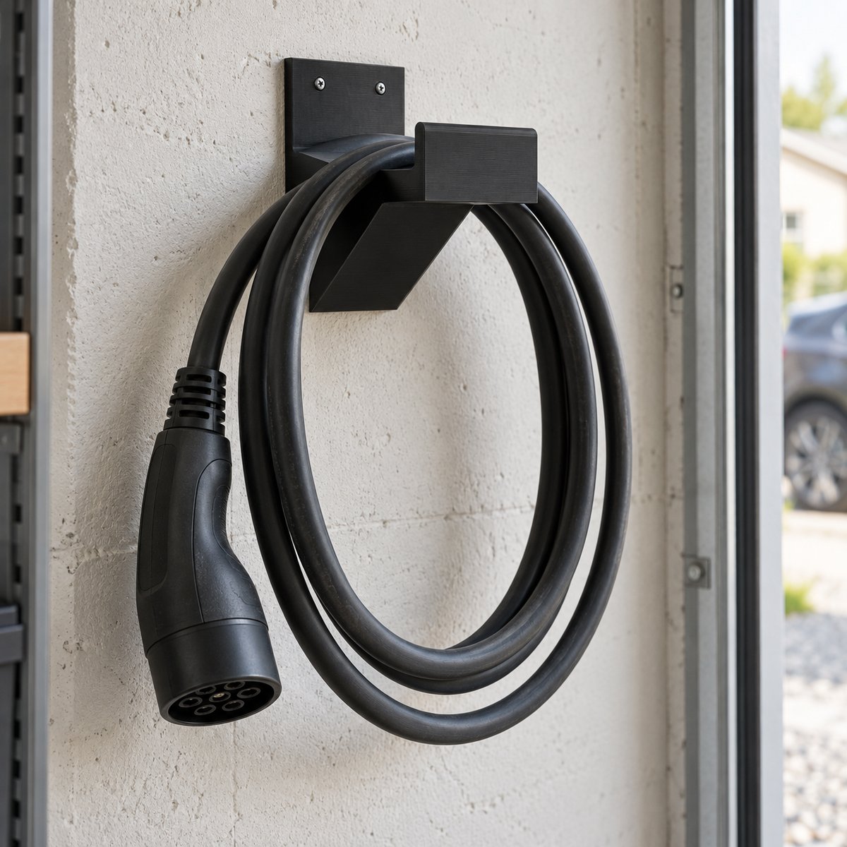 Veggmontert ladekabeloppheng med kveilet ladekabel til elbil – illustrasjon av 3D-printet produkt i bruk