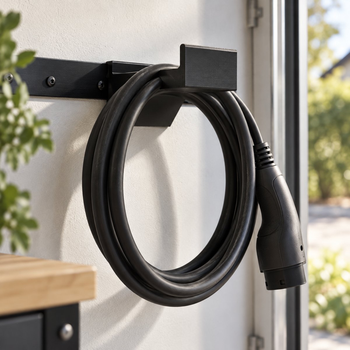 Kabeloppheng på veggskinne med en kveilet ladekabel – illustrasjon av 3D-printet produkt i bruk