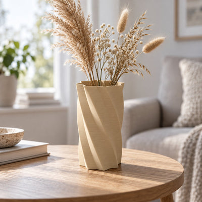Vri-vase i tre-look med tørkede strå på stuebordet – illustrasjon av 3D-printet produkt i bruk
