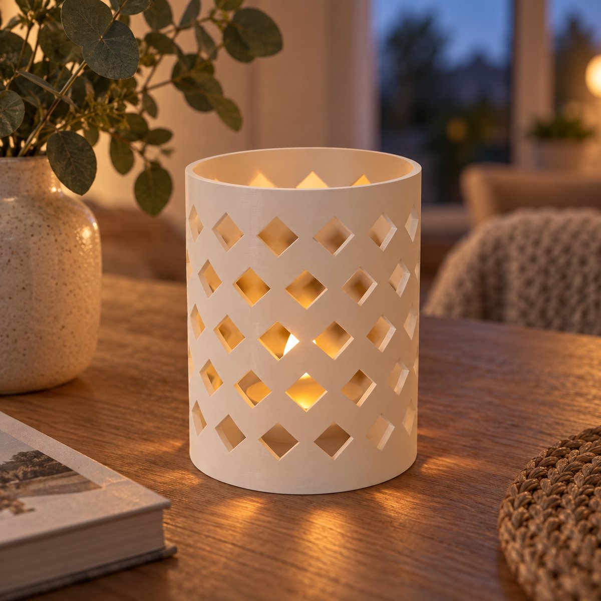 Lykt med diamantformede åpninger og varmt lys fra et LED-telys – illustrasjon av 3D-printet produkt i bruk