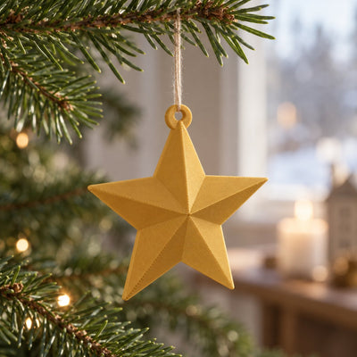 Gyllen julestjerne hengende fra en gren på juletreet – illustrasjon av 3D-printet produkt i bruk