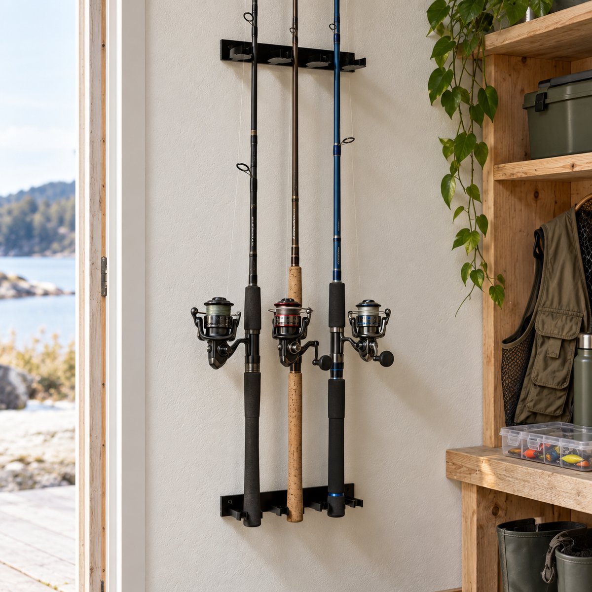 To veggmonterte fiskestangholdere med tre fiskestenger – illustrasjon av 3D-printet produkt i bruk