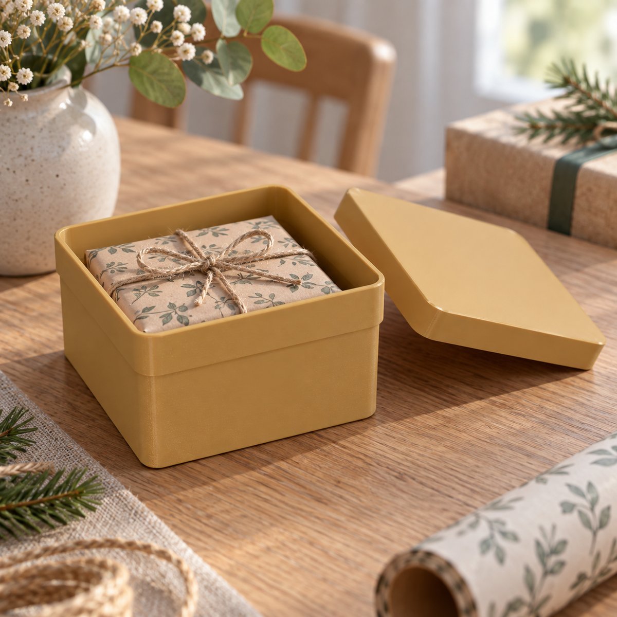 Åpen gaveeske med innpakket gave og avtakbart lokk ved siden av – illustrasjon av 3D-printet produkt i bruk