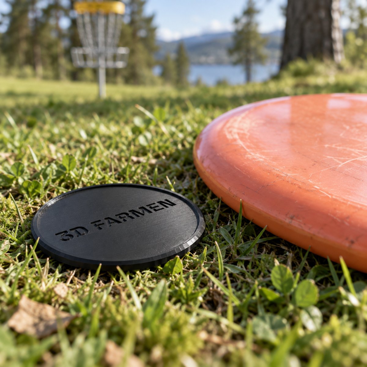 Minimarkør med teksten 3D FARMEN ved siden av en frisbeegolfdisk – illustrasjon av 3D-printet produkt i bruk