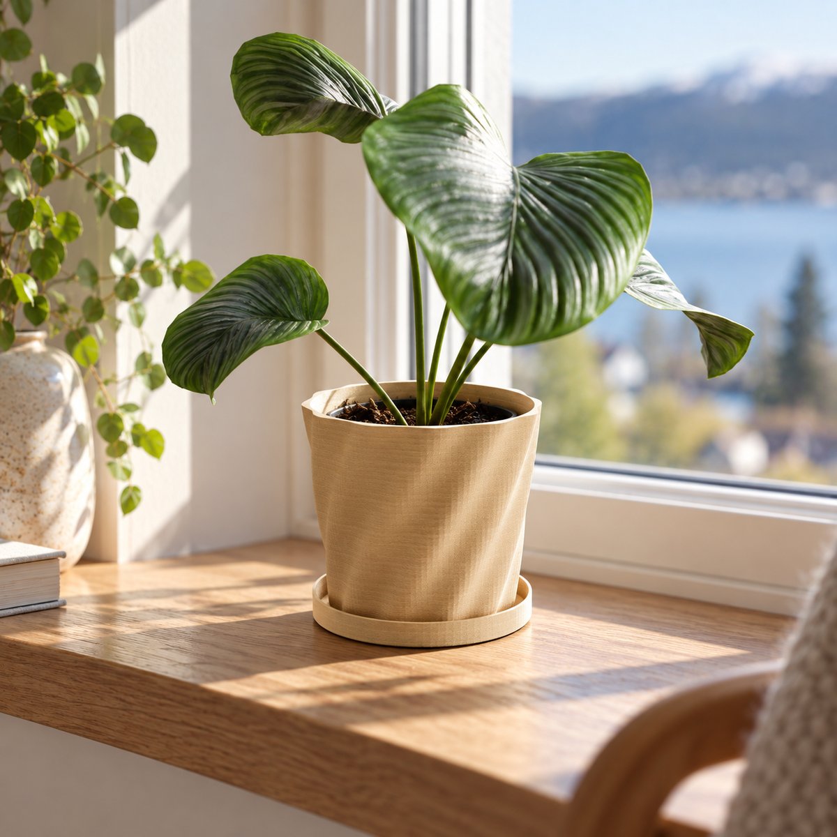 Spiralpotte i tre-look med plante og underskål ved vinduet – illustrasjon av 3D-printet produkt i bruk