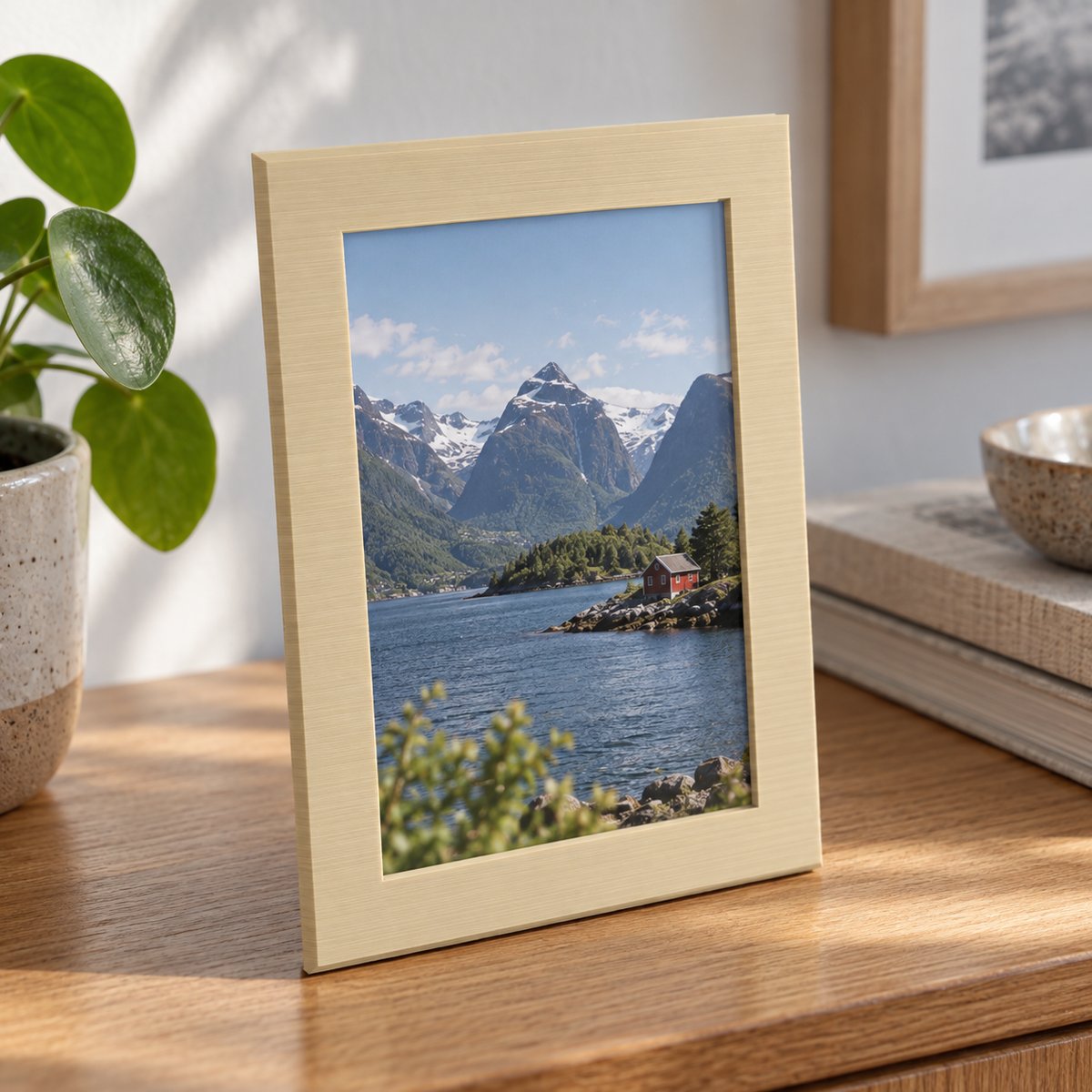 Bilderamme i tre-look med et landskapsbilde på en kommode – illustrasjon av 3D-printet produkt i bruk