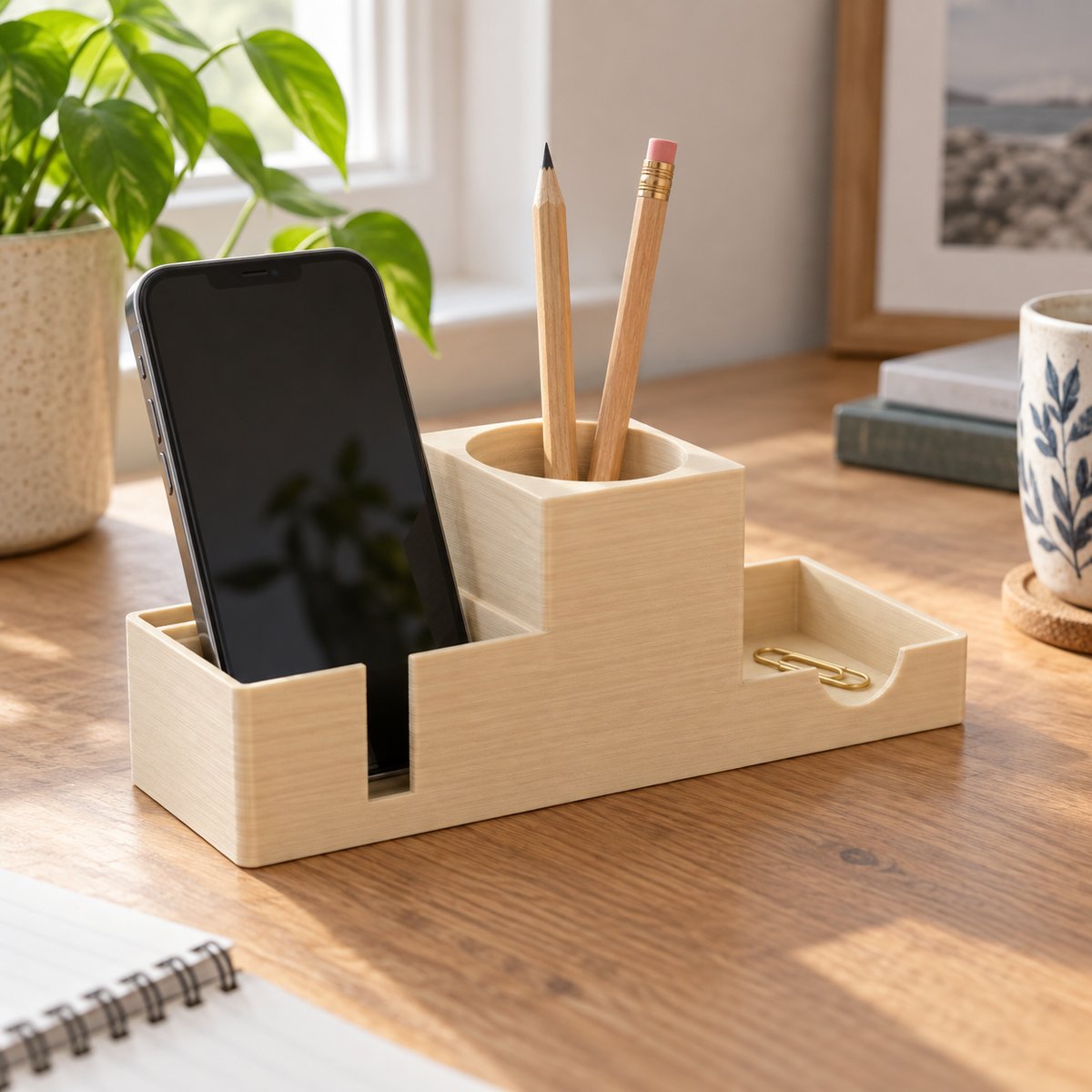 Skrivebordsorganizer i tre-look med mobil, blyanter og binders – illustrasjon av 3D-printet produkt i bruk