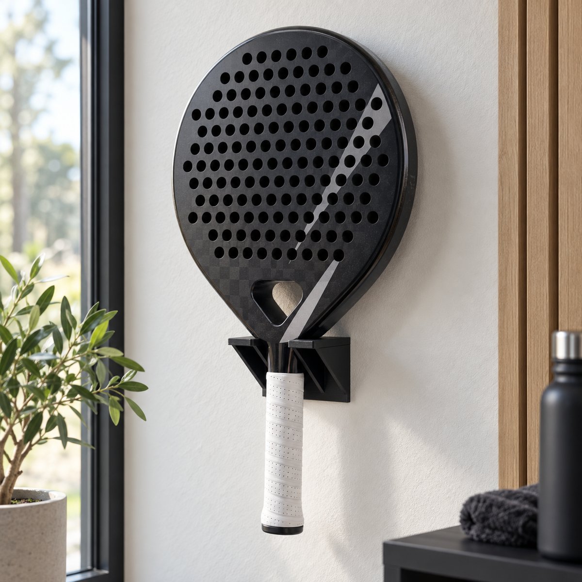 Veggmontert racketholder som støtter en padelracket over håndtaket – illustrasjon av 3D-printet produkt i bruk