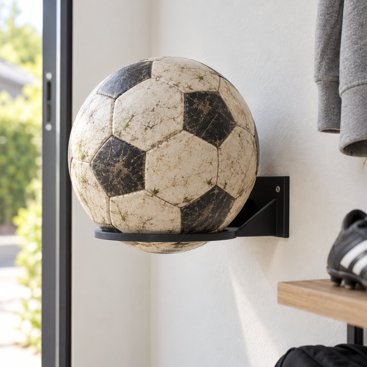 Veggmontert ballholder med en fotball hvilende i ringen – illustrasjon av 3D-printet produkt i bruk