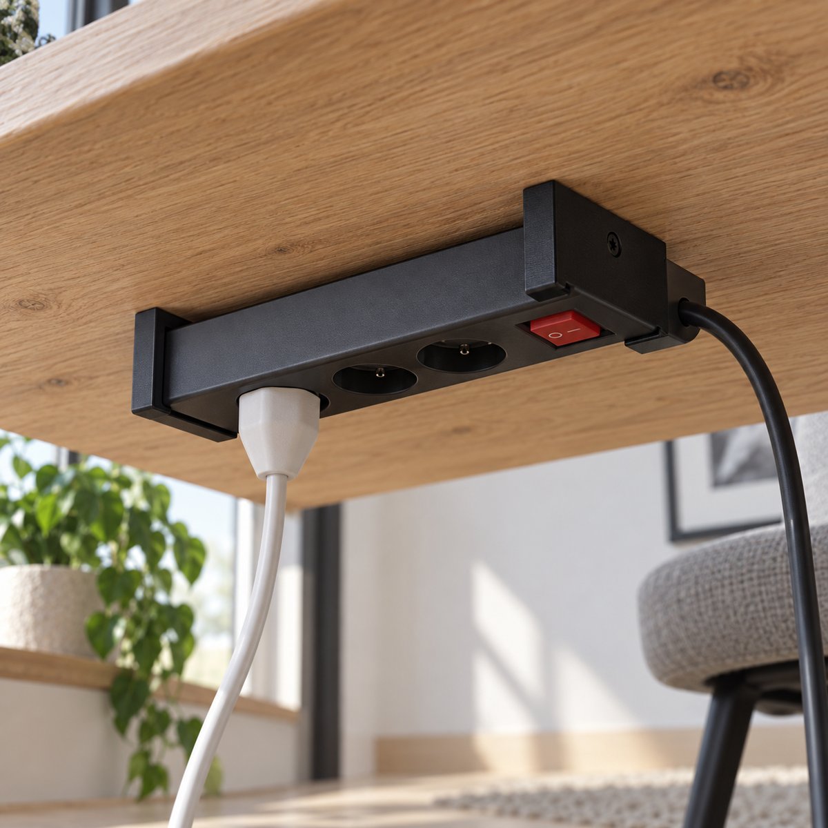 To holdere som fester et grenuttak under skrivebordet – illustrasjon av 3D-printet produkt i bruk