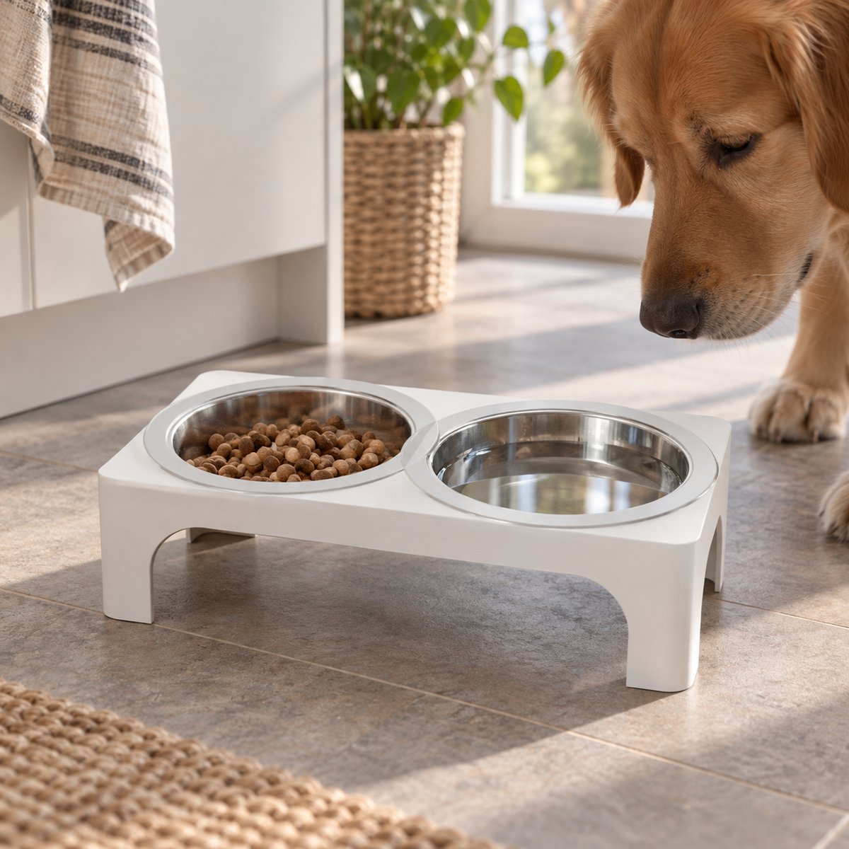 Matskålstativ med to stålskåler for mat og vann ved siden av en hund – illustrasjon av 3D-printet produkt i bruk