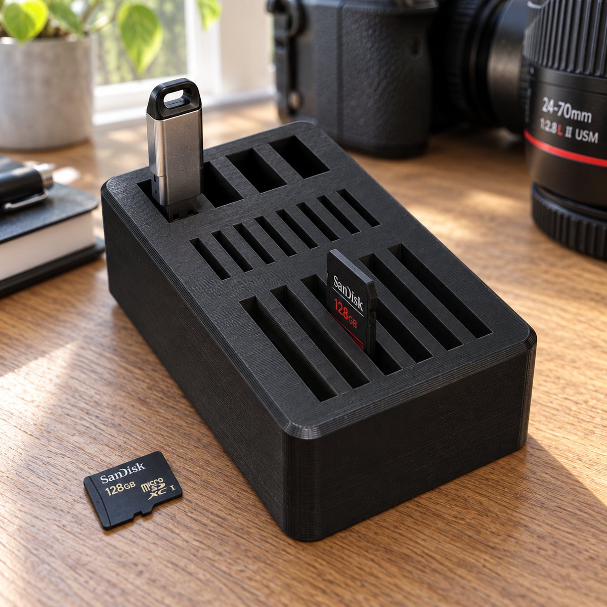 Minnekortholder med SD-kort og USB-pinne, med microSD-kort ved siden av – illustrasjon av 3D-printet produkt i bruk